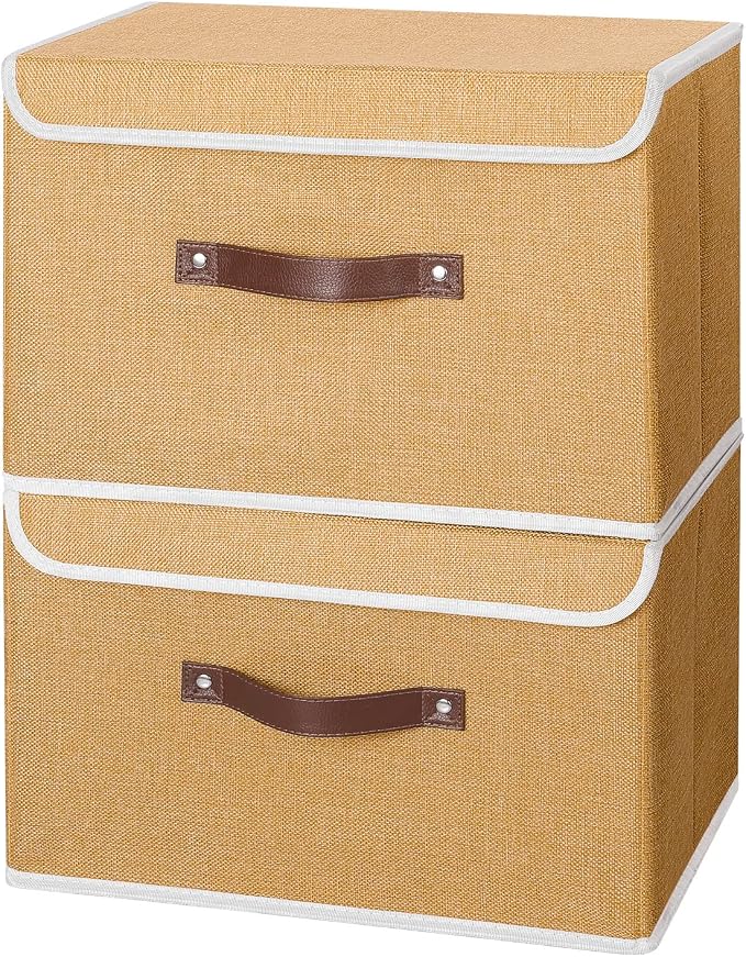 ANMINY Fabric Storage Box Bins with Lids, Khaki, 15"x10"x10", 2 Pack | Keepsake Memory Storage, Cotton Linen, PP Board Reinforced, Washable, PU Handles, Foldable & Stackable, Decorative, Large