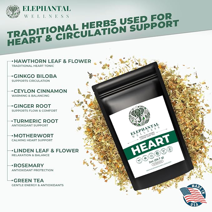 Elephantal Wellness Heart Herbal Tea – Herbal Loose Leaf Tea for Circulation & Cardiovascular Support with Hawthorn, Cinnamon, Ginger & Turmeric – Lightly Caffeinated Green Tea Blend, 2oz, 20 Servings