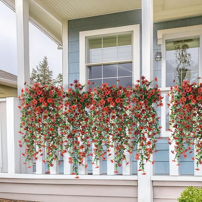 INQCMY Artificial Fake Hanging Flowers Plants for Outdoor Fall Decoration | 2 PCS Faux Silk Daisy with Eucalyptus Leaves,UV Resistant Look Real for Outside Home Planter Porch Patio Balcony Yard Decor