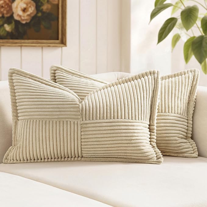 MIULEE Decorative Lumbar Throw Pillow Covers 12x20 Inch Cream 2 Pack | Boho Broadside Striped Patchwork Pillow Covers, Soft Corduroy Cushion Cases, For Couch Sofa Bed Livingroom Home Decor
