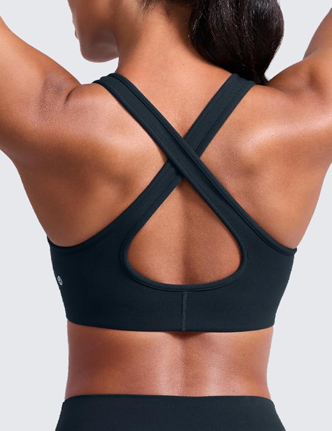 CRZ YOGA Butterlift Deep V Neck Sports Bras for Women - Padded Gym Wide Straps Cut-Out Cross Back Crop Pilates Workout Top