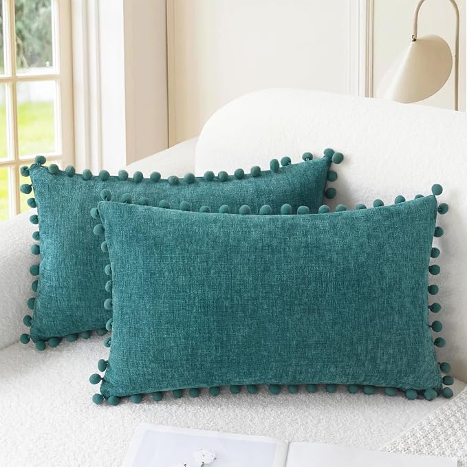 CaliTime Decorative Couch Throw Pillow Covers 20 X 12 Inches Teal | Pack of 2, Cozy Chenille Cushion Cases, with Pom Poms for Sofa Bed Living Room Farmhouse Home