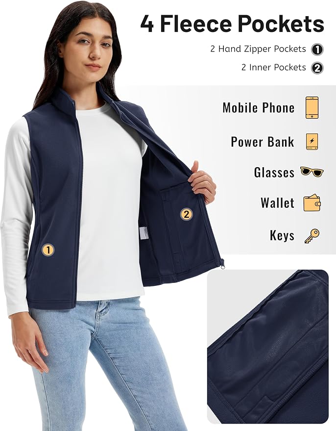 TACVASEN Women's Fleece Vest Lightweight Sleeveless Zip Jacket Outerwear | Soft Polar,Zipper Pockets,Stand Collar,Fall Winter Warm,Outdoor,Athletic,Running,Hiking,Travelling,Golf,Work