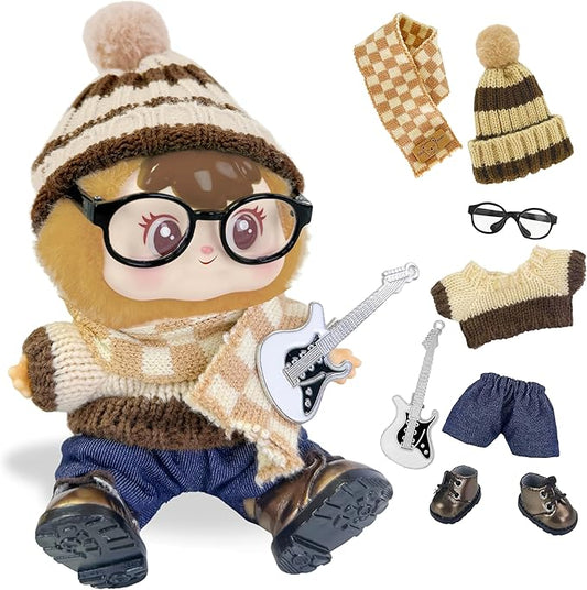 17cm Doll Clothes 7 PCs Accessories Outfits Brown Sweater Shoes Glasses Scarf Pants Knitted Beanie Guitar Clip Clothing Set for Keychain,No Doll(Guitar)