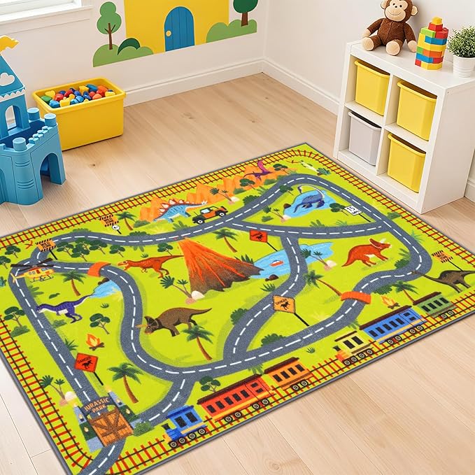 LIVEBOX Kids Playroom Rug-Dinosaur Car Rug Play Mat, 3x5 Washable Non Slip Jurassic Park Rugs for Boys and Girls Bedroom,Nursery,Play Room