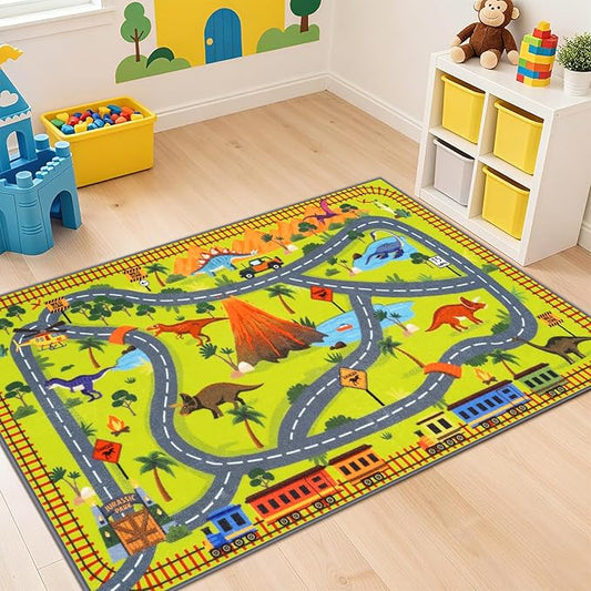 LIVEBOX Kids Playroom Rug-Dinosaur Car Rug Play Mat, 3x5 Washable Non Slip Jurassic Park Rugs for Boys and Girls Bedroom,Nursery,Play Room