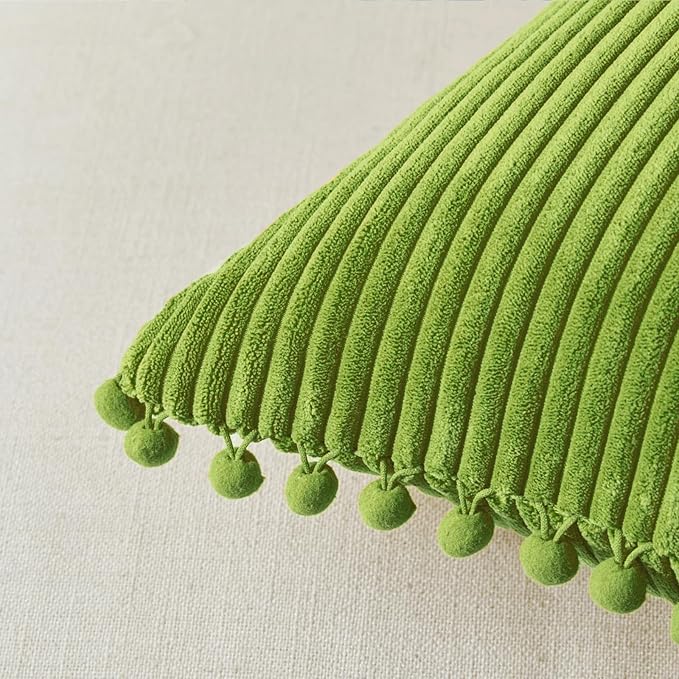 Fancy Homi Pack of 2 Lime Green Lumbar Decorative Throw Pillow Covers with Pom-poms, Soft Corduroy Solid Rectangle Cushion Cases Set for Couch Sofa Bedroom Car Living Room (12x20 Inch/30x50 cm)