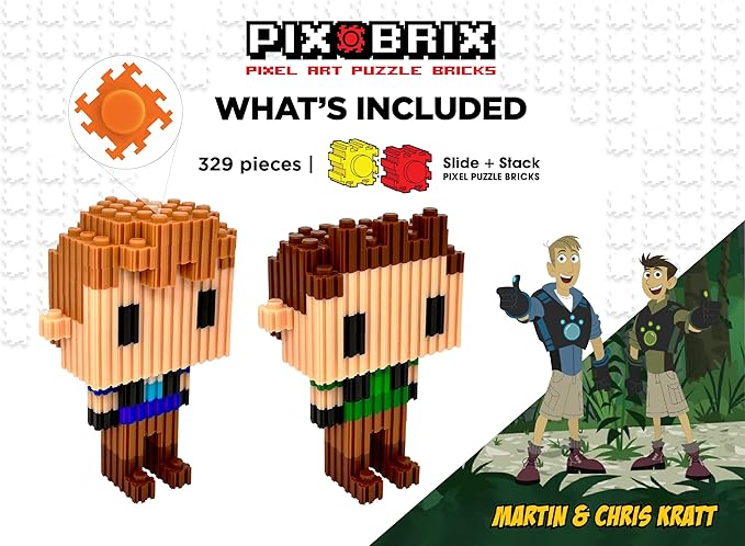 Pix Brix - Wild Kratts Toy Pixel Art Kit - Kratt Brothers Figures, 329 Pieces - Patented Slide + Stack Pixel Puzzle Building Bricks, Create Martin & Chris Figures - Stem Toys, Ages 6 Plus