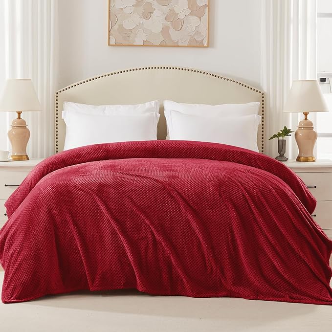 Exclusivo Mezcla Soft Waffle Fleece Bed Blanket Twin XL Size, Deep Red | Lightweight Plush Blanket for Bed, Couch, Sofa, Cozy Fluffy Design for Bedroom, Guest Room, All Season, 90x66 Inches