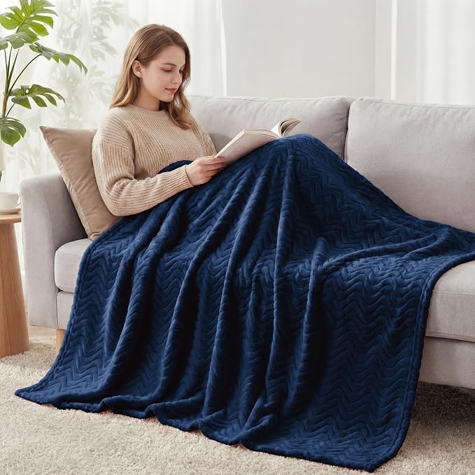 Exclusivo Mezcla Soft Fleece Blanket Queen Size for Bed, Sofa, Navy Blue | 90"x90" Breathable Lightweight Flannel Blanket for Summer, Plush Cozy Jacquard Wave for Home Decor