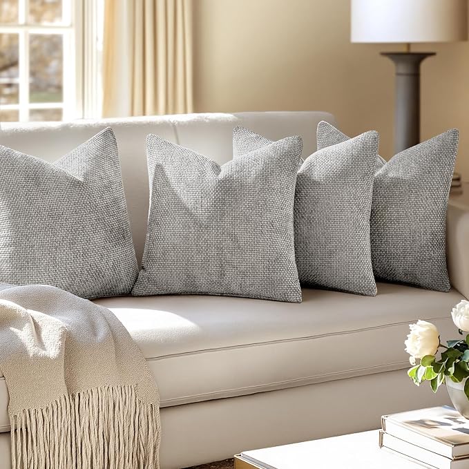 MIULEE Soft Decorative Chenille Pillow Covers Light Gray 18x18 Pack of 4 | Modern Home Decor, All Same Color Set, Couch Throw Pillows, Farmhouse Boho Cushion Covers for Sofa Bed Living Room