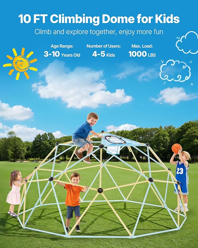 VEVOR Climbing Dome, 10FT Geometric Dome Climber, 1000LBS Loading Jungle Gym Playground with 2 Basketballs & Octopus Net, Easy-Assembly Outdoor Backyard Climbing Equipment for Kids 3 to 10 Years Old