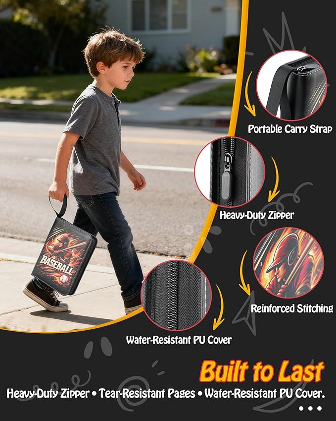 Best baseball card binder 4-Pocket holds 480 cards, 120 pages side-loading, PU leather zip waterproof cover, acid-free pages, for home storage & card shows, baseball cars binder, gift kids boys girls!