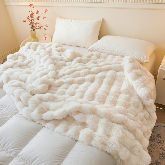 LIFEREVO Luxury Fluffy Faux Rabbit Fur Throw Blanket 60x80, Beige | Plush Bubble Lap Throw for Couch Sofa Office, Soft Cozy Furry Ivory Bed Blanket Home Decoration, Washable & Skin-friendly