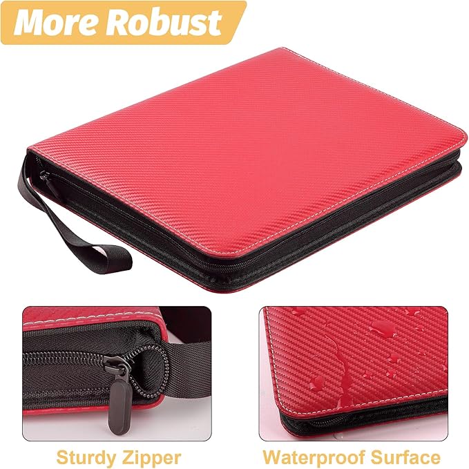 GERMUN 4 Pocket Card Binder, Premium Zip Trading Card Binder, 400 Double Sided Pocket PU Card Collection Binder, Collector Card Album, Card Folder for MTG, TCG, Sports Cards, Game Cards (Red)
