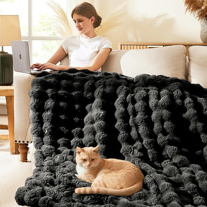 L'AGRATY Faux Rabbit Fur Throw Blanket for Couch, 50'' x 60'', Black | Soft Cozy Bubble Fluffy Blanket for Sofa Bed, Thick Warm Plush Fuzzy Throw for Room Home Decor, Luxury Gift for Women Mom