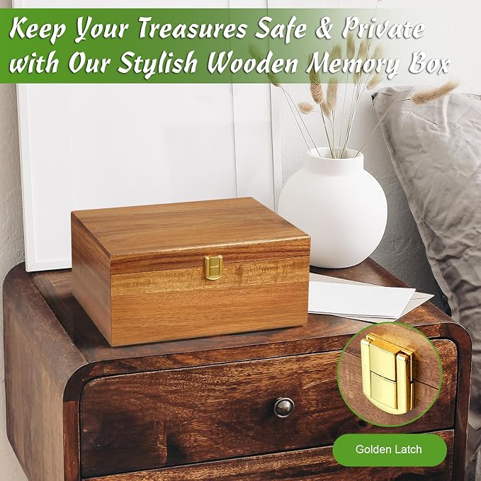 DRASTAR Wooden Keepsake Box, Large Acacia Storage Memory Box with a Hinged Lid for Crafts and Photo Storage