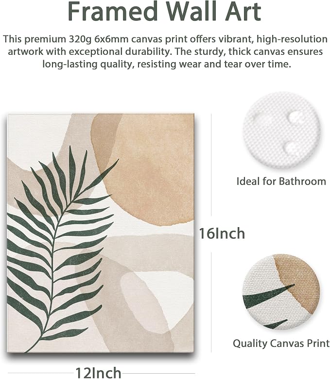 HesenDot Abstract Botanical Wall Art Set of 3, 30x40CM Neutral Plant Framed Canvas Prints, Beige Green Boho Aesthetic Wall Decor for Living Room Bedroom Bathroom Office Home
