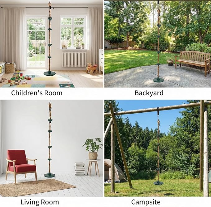 ZENFUN Climbing Rope with Platform and Disc, Tree Swing Seat Set Outdoor Playground Accessories Including Bonus Hanging Strap & Carabiner, Secure Trees House Swings, Gym Backyard, Max Load: 220lb