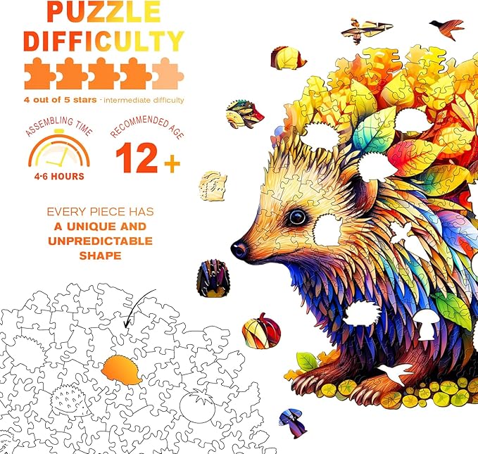 Wooden Puzzles for Adults - Clever Hedgehog Wooden Jigsaw Puzzle - Unique Animal Shaped Wood Puzzles Adult - Christmas Birthday Gifts for Adults/Friends/Family - 200pcs 11.4 * 10.5in