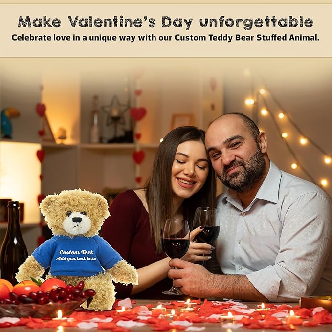 Customized Beige Brandon Bear - 12 inch Personalized Stuffed Bear Plush Toy - Perfect Custom Shirt Bear Gift for Graduation Valentines Graduation Easter Holidays (Royal Blue Shirt)