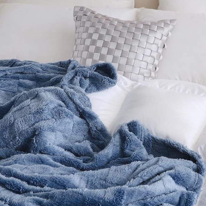 Dusty Blue Fleece Throw Blanket 90”×90”Checkered Design for Couch | Super Soft Cozy Plush Microfiber 3D Square Pattern Flannel Blanket for Sofa Bed Lightweight for Adults,Women