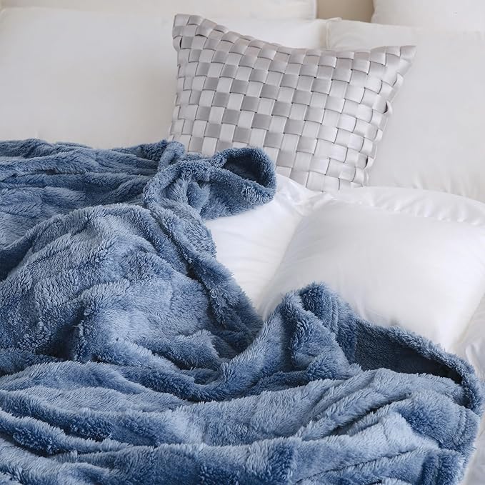 Dusty Blue Fleece Throw Blanket 50”×70”Checkered Design for Couch | Super Soft Cozy Plush Microfiber 3D Square Pattern Flannel Blanket for Sofa Sofa Bed Lightweight for Adults,Women
