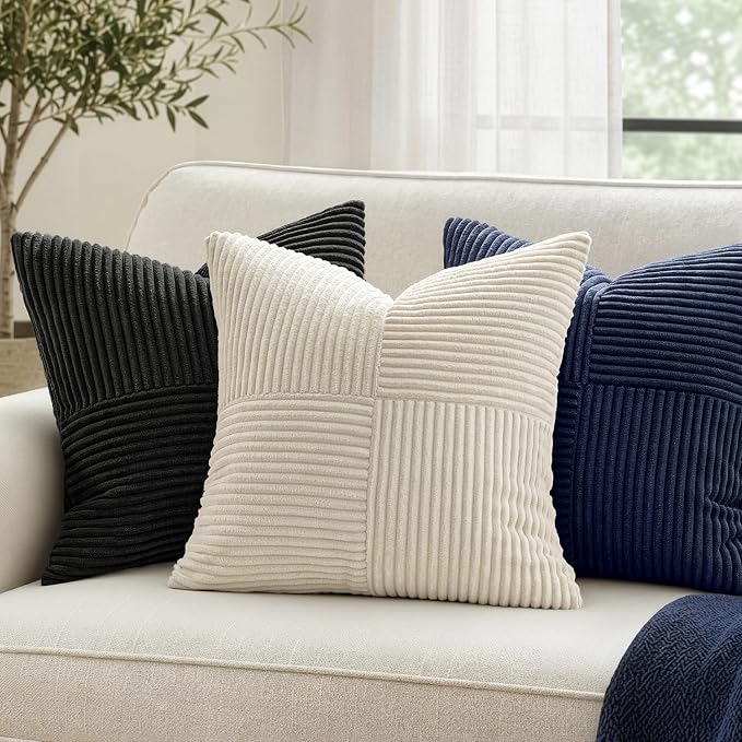 MIULEE Navy Blue Decorative Throw Pillow Covers 16x16 Inch for Couch Bed Sofa Pack of 2 Boho Farmhouse Throw Pillows Soft Cross Corduroy Patchwork Textured Cushion Cases