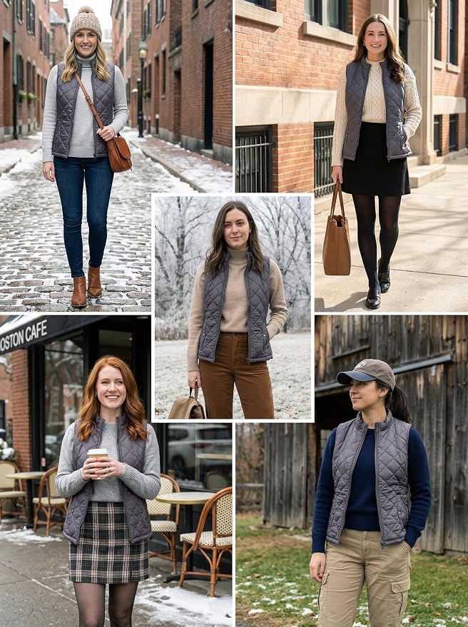 Fuinloth Women's Quilted Vest Lightweight Puffer Stand Collar Zip Gilet | 4 pockets with 2 inner storage. Quilted padded warm gilet. Fall winter outerwear layering vest for travel hiking daily wear.