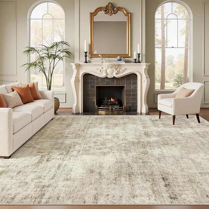 Soalmost Abstract Rug 8x12 Large Living Room Area Rugs Washable Beige/Gray | Modern Non-Slip Carpet for Dining Bedroom, Stain Resistant Foldable Thin Low Pile Floor Mat Under Table Home Office Decor