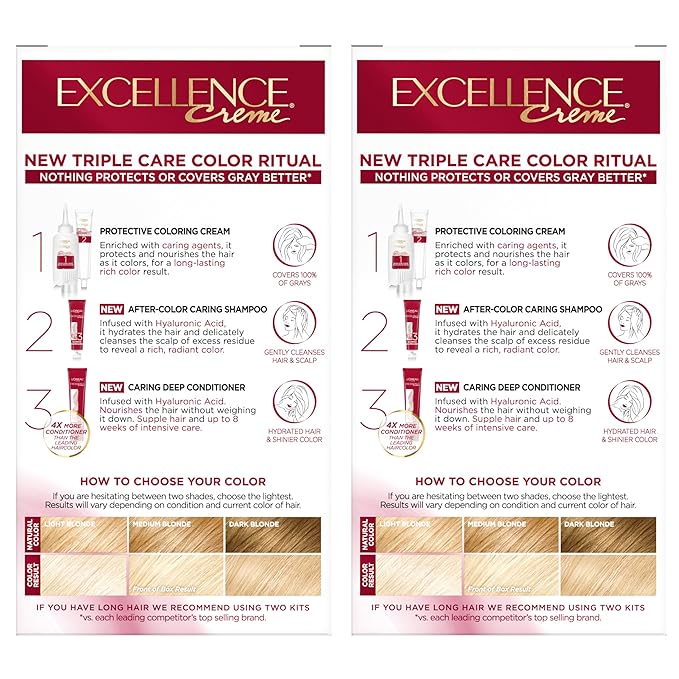 L'Oreal Paris Excellence Crème Permanent Hair Dye, Triple Care Hair Color with Hyaluronic Acid for 100% Gray Coverage, 9.5NB Lightest Natural Blonde, 1 Kit (Pack of 2) (Packaging May Vary)