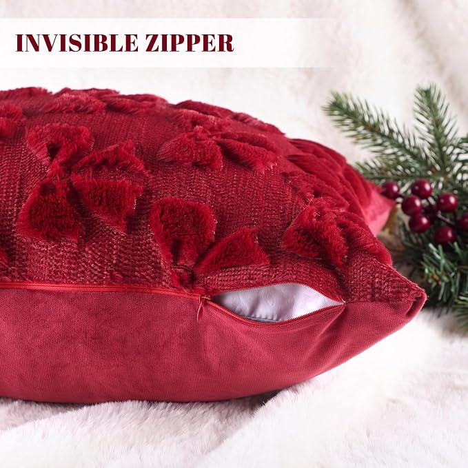 Mixweer Burgundy Bow Pillow Covers Set of 2 Preppy Room Decor Coquette Cute Spring Summer Decorative Faux Fur Soft Bowknot Stuff Fluffy Plush Aesthetic Pillowcase for Bed Sofa Couch (20 x 20 Inch)