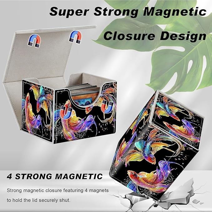 DEGDFSGR Commander Card Game Storage Box for TCG MTG Deck Box Organizer Trading Card Case Magnetic Closure Creative Pattern Up to 200 Cards, Colorful Beautiful Betta Fish