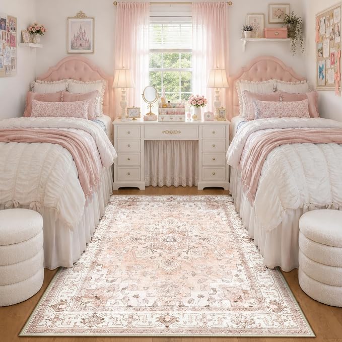 CAPALOCA 4x6 Washable Nursery Girls Low Pile Area Rug Pink | Non-Slip Soft Rugs for Bedroom Kids Playroom Living Room, Print Pattern Water Repellent Carpet Indoor Decor