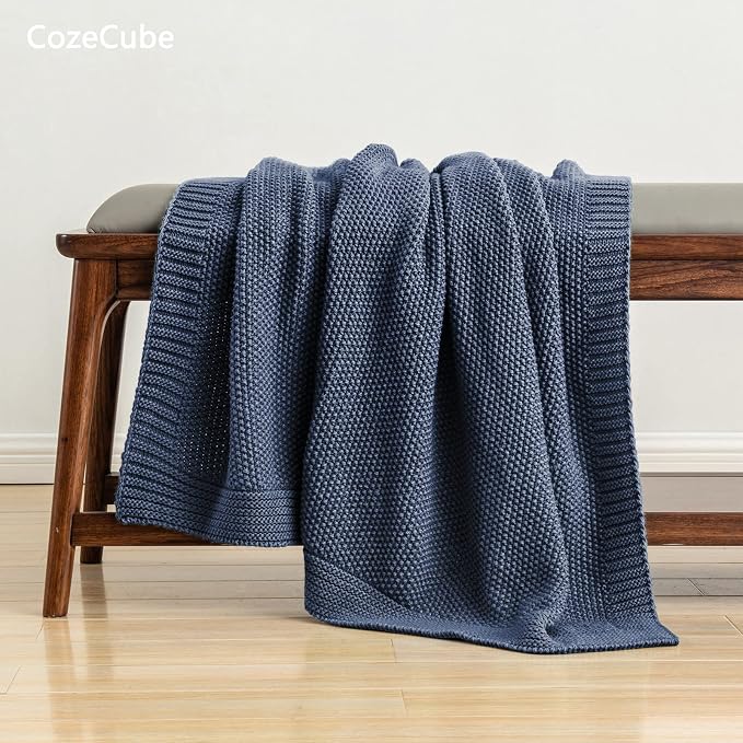 CozeCube Dusty Blue Seed Stitch Throw Blanket 50"x60", Farmhouse Decor | Blanket for Couch, Soft Cozy Cable Knit Throw for Bed Sofa Living Room, Lightweight Warm Decorative Christmas Blanket