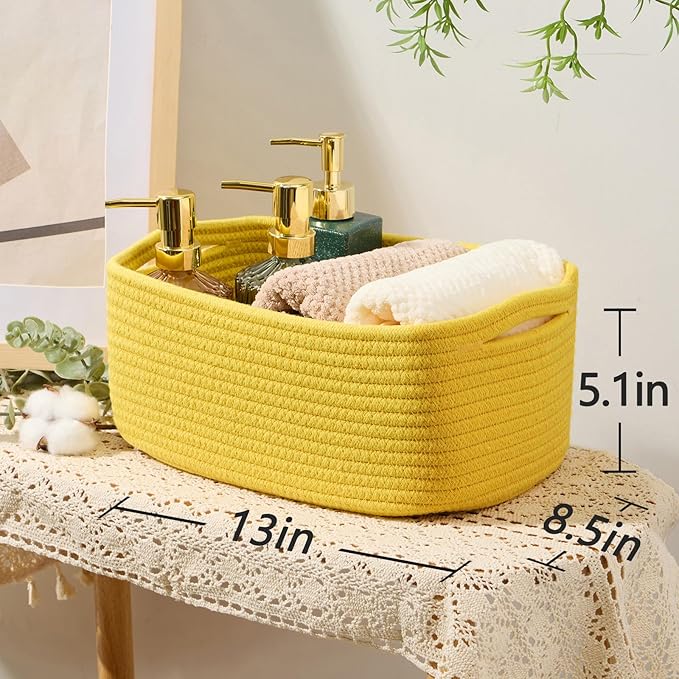 MiniArk Small Storage Baskets for Organizing | Closet Organizer Bins | Shelf Toy Basket | Woven Rope Baskets | Cube Decorative Box | Shallow Basket | 13x8.5x5.1” | 3 Packs Yellow