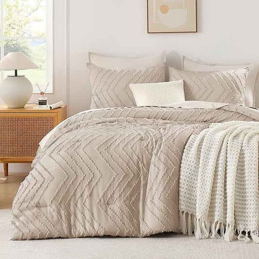 Andency Khaki California King Comforter Set, Boho Cal King Soft Warm Tufted Neutral Bedding Comforter Sets, 3 Pieces Cali King Aesthetic Chevron Farmhouse Cute Bohemian Textured Bedding Set