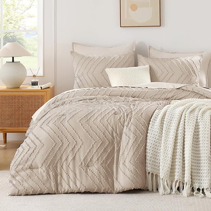 Andency Khaki Comforter Full Size, Boho Beige Soft Fluffy Tan Warm Lightweight Bedding Comforter Sets for Full Bed, 3 Pieces Taupe Chevron Tufted Aesthetic Microfiber Lightweight Comforter Bed Set