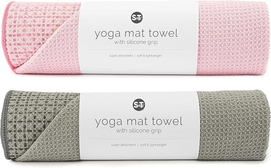 S&T INC. Yoga Mat Towel with Non-Slip Grip, Enhanced Silicone Grip, Soft and Absorbent for Gym, Pilates, and Hot Yoga Mat, 2 Pack, 24 inches x 72 inches, 340GSM, Pink and Grey