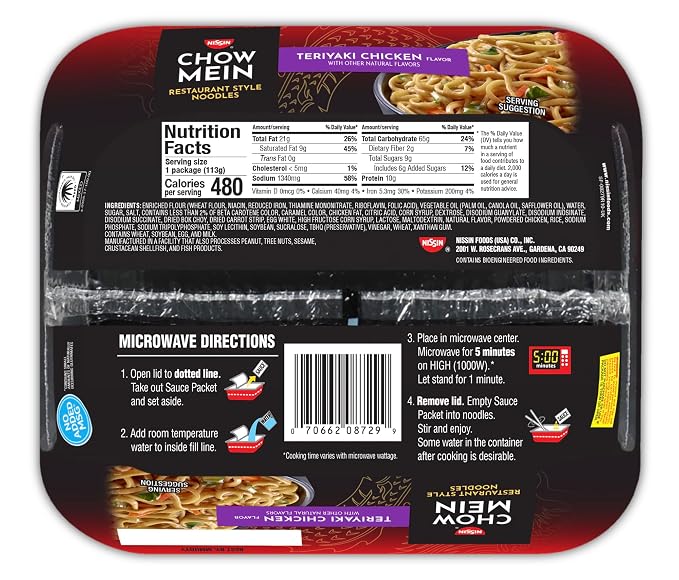 Nissin Chow Mein Noodles, Teriyaki Chicken, 4 Ounce (Pack of 8) | 10g Protein