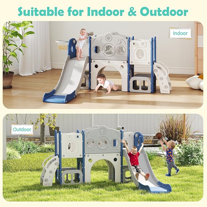 kinbor 8 in 1 Toddler Slide Set - Kids Slide with Basketball Hoop, Playset for Kids with Easy Climb Stairs & Storage, Toddler Indoor Outdoor Playground, Blue