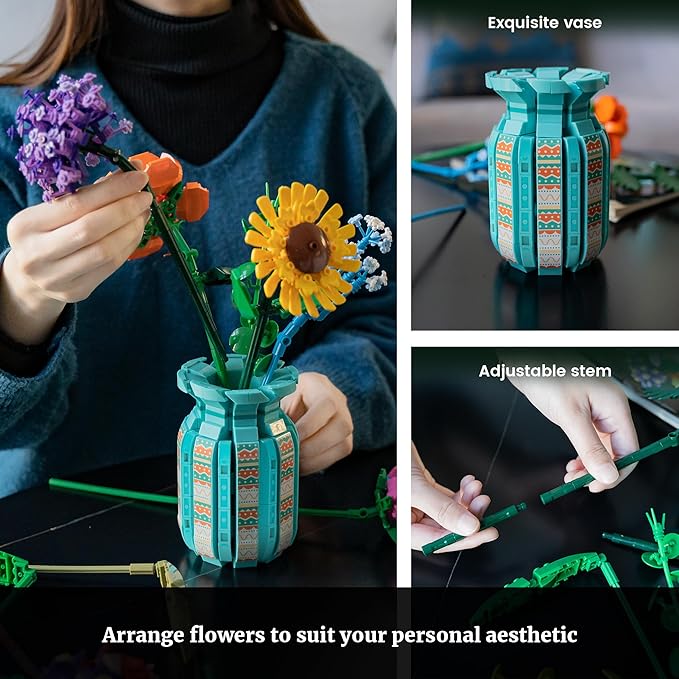 Flowers Bouquet Building Blocks Set with Vase 1853PCS, Botanical Collection with Sunflower Rose for Home & Office Décor for Adults Girls 14+