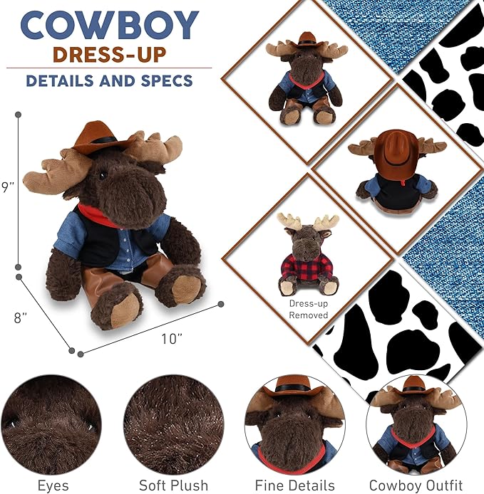 DolliBu Red Plaid Hoodie Moose Stuffed Animal Cowboy Plush with Name Personalization - Western-Themed Moose Plush with Cute Cowboy Costume Denim Shirt Vest, Bandana, Leather Pants, and Hat - 10 Inches