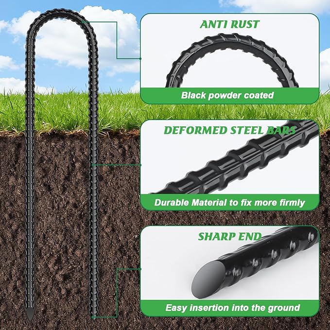 Gtongoko Trampoline Stakes, Trampoline Accessories, Ground Stakes Heavy Duty with T Hook, Ground Anchors, Rebar Stakes, High Wind Tent Anchors, Galvanized Steel, U Shaped, Black
