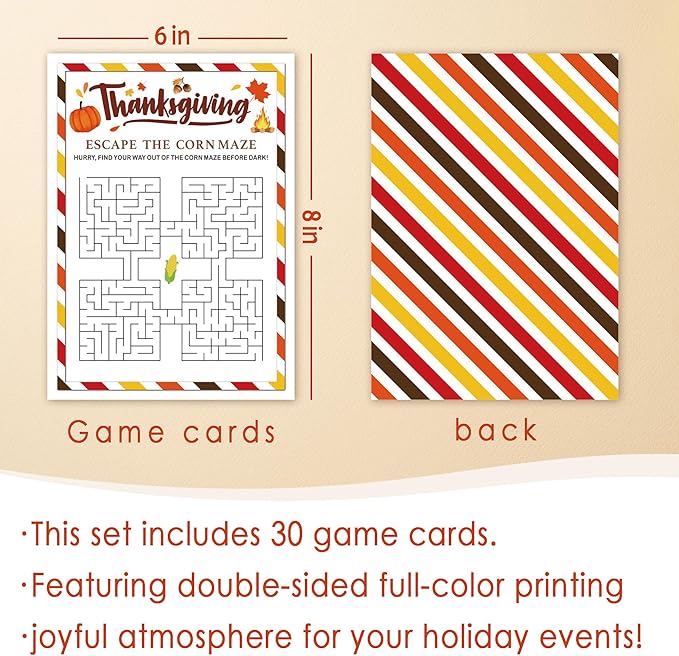 Thanksgiving Party Icebreaker Games Cards - Thanksgiving Escape The Corn Maze Game Cards for 30 Guests, Turkey Dinner Party Activity for Teens Adults Party Favor and Supplies, 5 x 7 inches