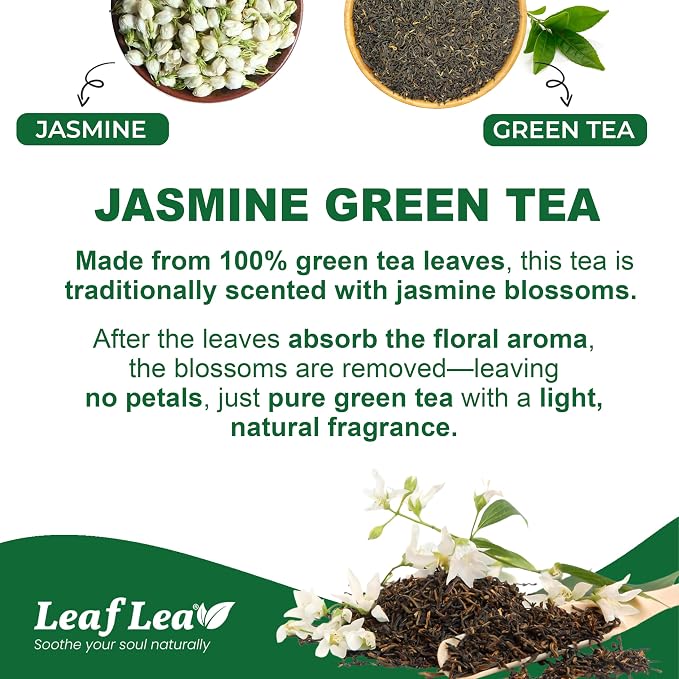 LeafLea Jasmine Green Tea Bags, Naturally Jasmine-Scented, 40 Count | Smooth Green Tea With Soft Jasmine Aroma, No Petals Inside, Sugar-Free, Vegan, 40 Individually Foil-Wrapped Bags
