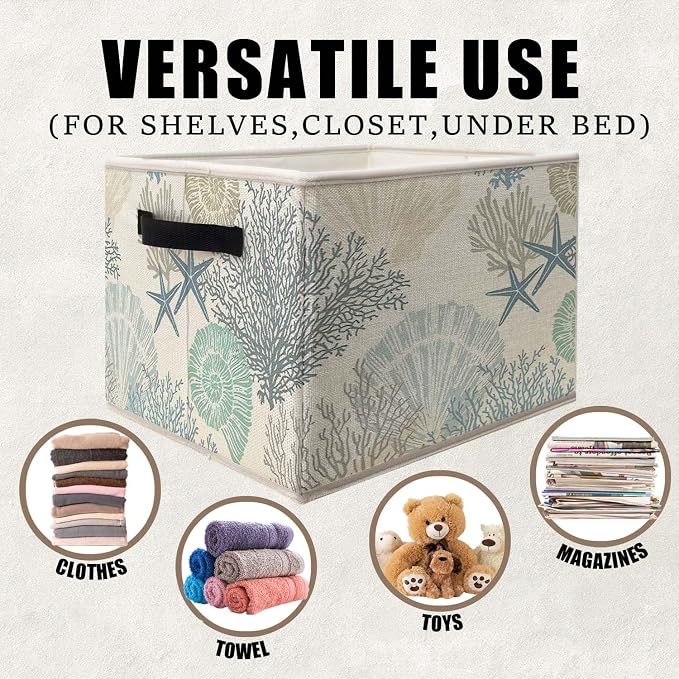 Coastal Beach Storage Bins Basket, Beach Room Decor, Coastal Coral Starfish Seashell Collapsible Fabric Storage Box Organizer Toybox for Bedroom Bathroom Clothes Books Toys