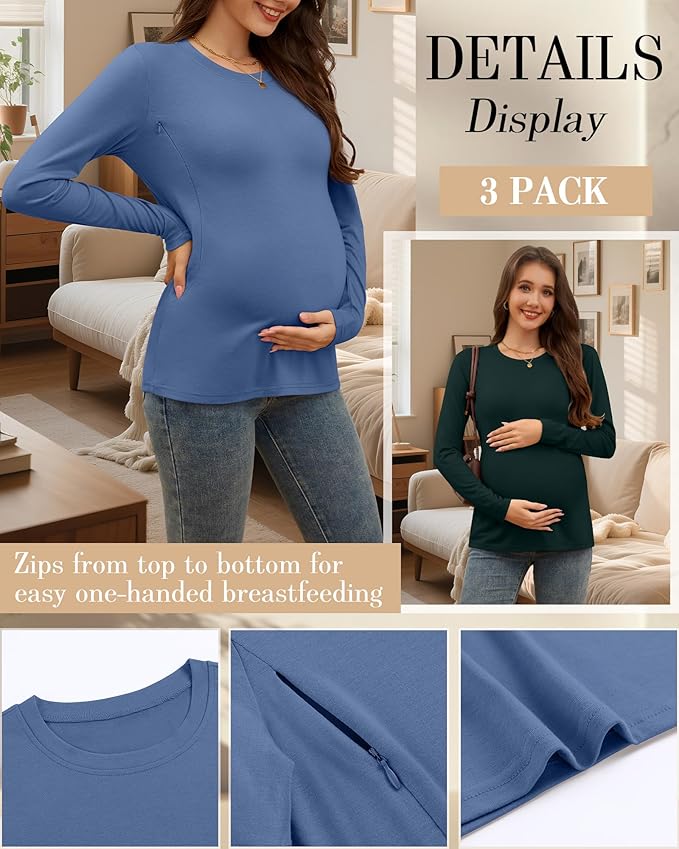 3 Pack Nursing Tops for Breastfeeding Maternity Shirts Zipper Long Sleeve Round Neck Knit Casual Nursing Clothes