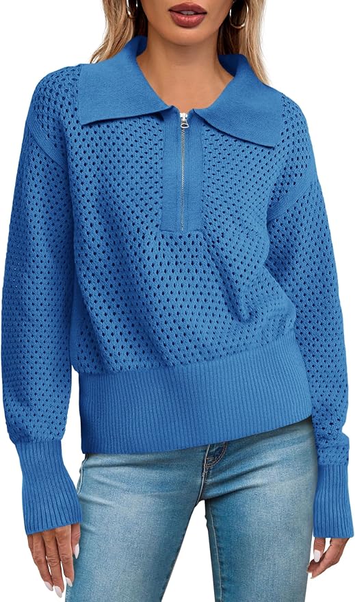Doshoop Womens Summer Crochet Sweaters Long Sleeve Hollow Out Knit Half Zip Lapel Collar Pullover Tops