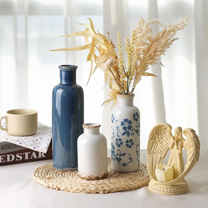 Ceramic Vases Set of 3, Blue and White Vintage Flower Vase Waterproof | Farmhouse Rustic Vase for Pampas Grass & Dried Flowers, Flower Vase for Table Living Room Home